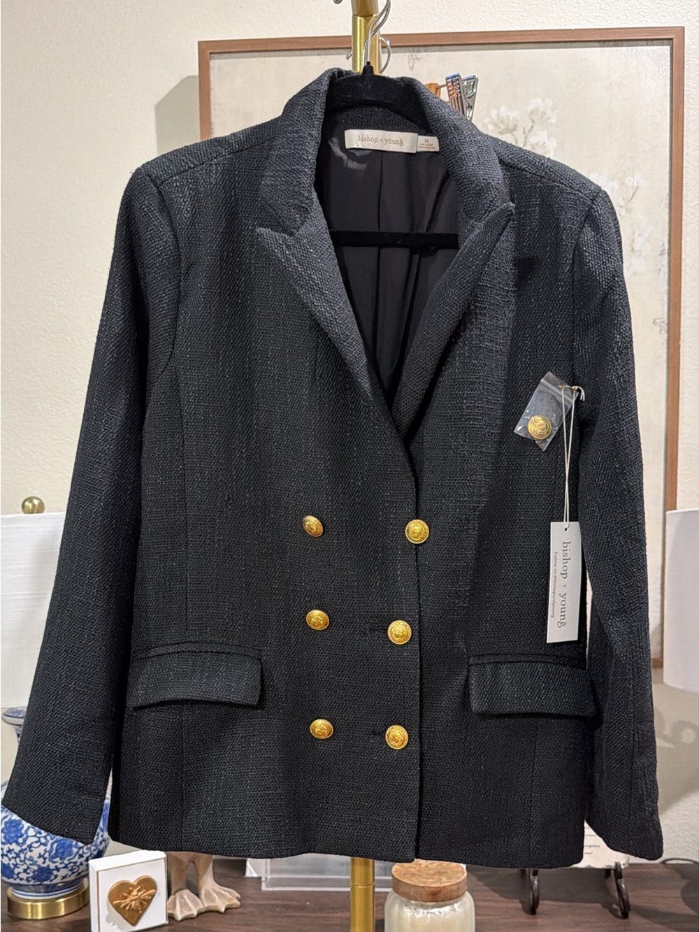 bishop + young Black Double-Breasted Blazer with Gold Buttons